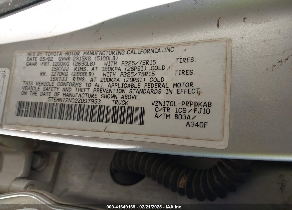 2002 TOYOTA TACOMA BASE V6 VIN: 5TEHN72N02Z097953