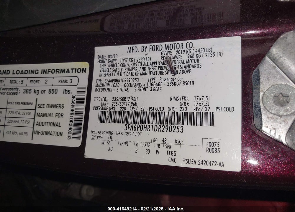 2013 FORD FUSION VIN: 3FA6P0HR1DR290253