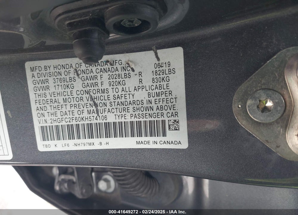 2019 HONDA CIVIC VIN: 2HGFC2F60KH574106
