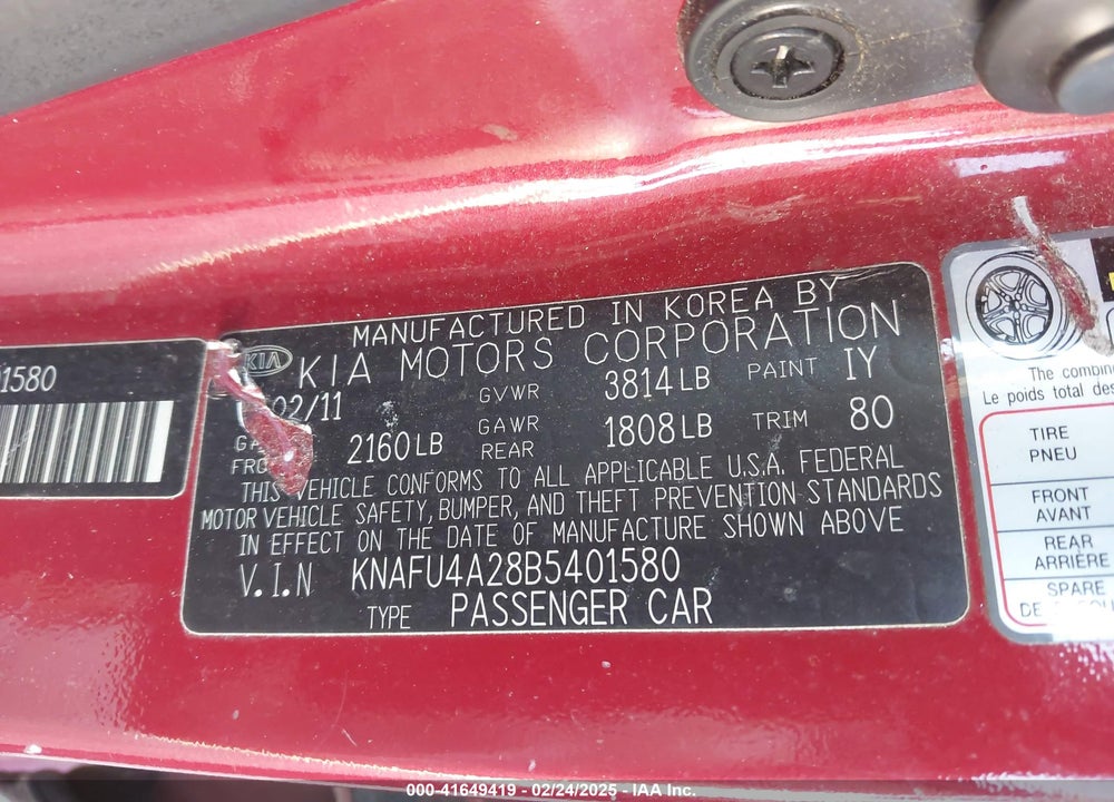 2011 KIA FORTE EX VIN: KNAFU4A28B5401580