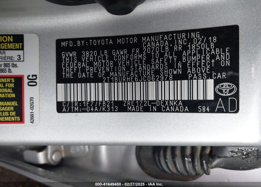 2018 TOYOTA COROLLA VIN: 2T1BURHE6JC062978