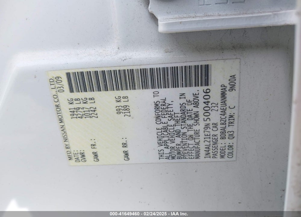 2009 NISSAN ALTIMA 2.5 S VIN: 1N4AL21E79N500406