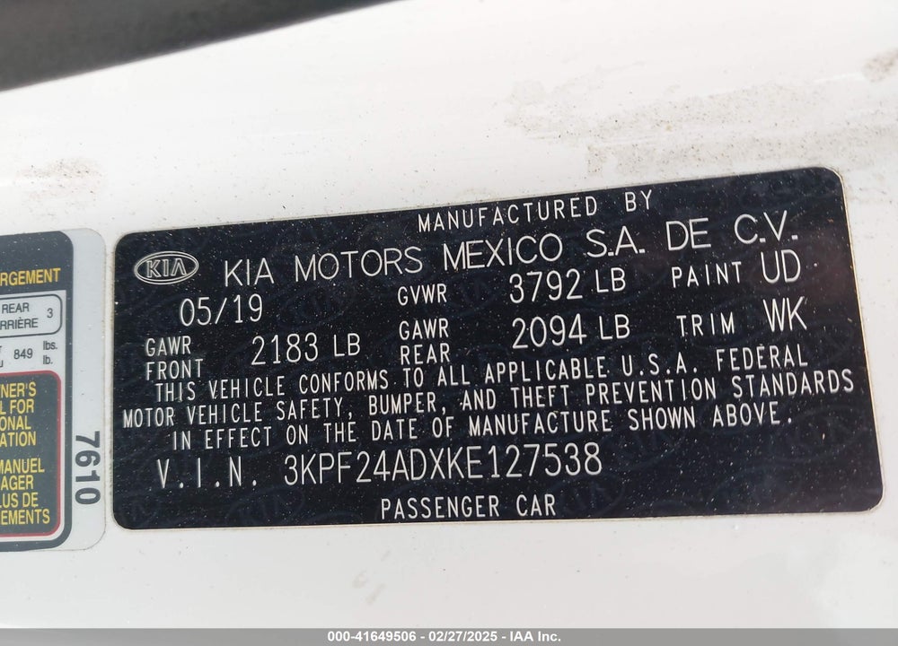 2019 KIA FORTE VIN: 3KPF24ADXKE127538