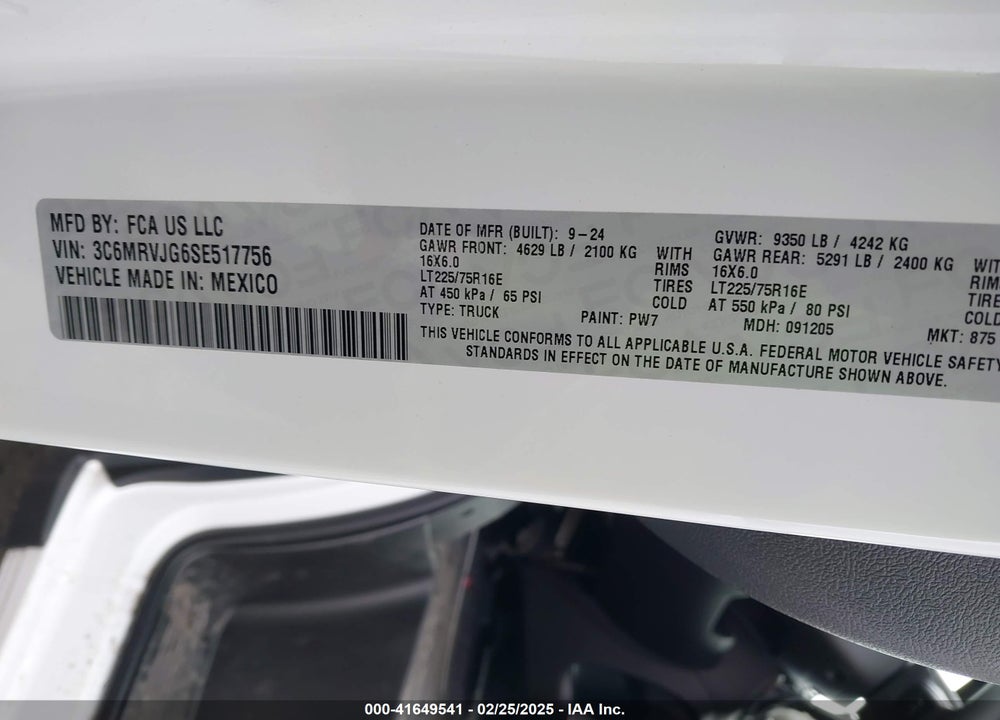 2025 RAM PROMASTER 3500 CARGO VAN TRADESMAN HIGH ROOF 159 WB EXT VIN: 3C6MRVJG6SE517756