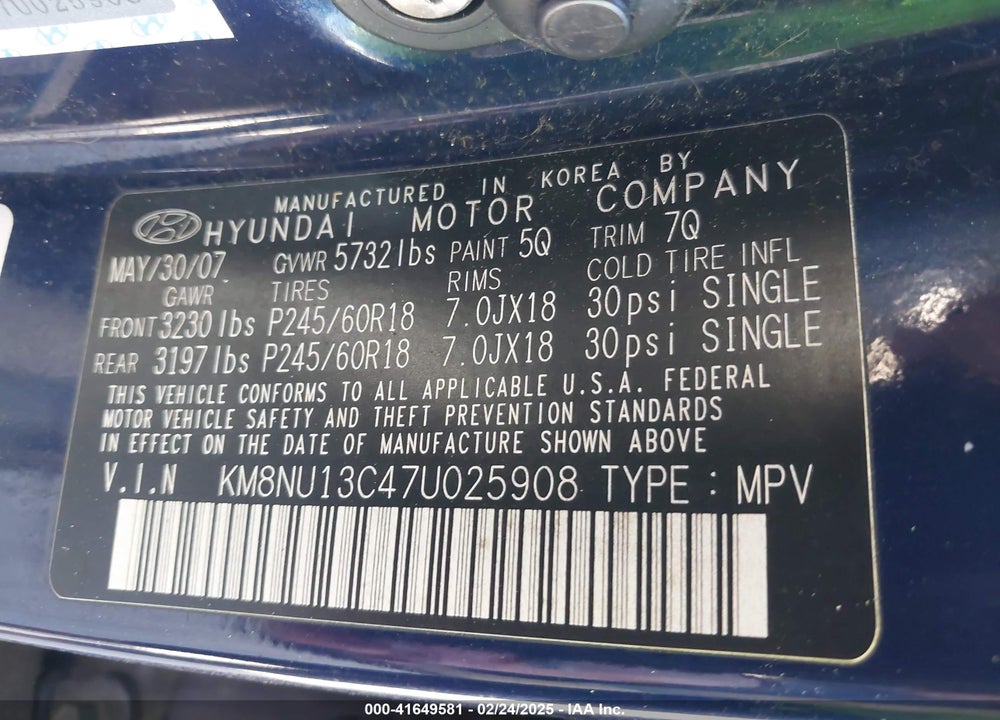 2007 HYUNDAI VERACRUZ VIN: KM8NU13C47U025908