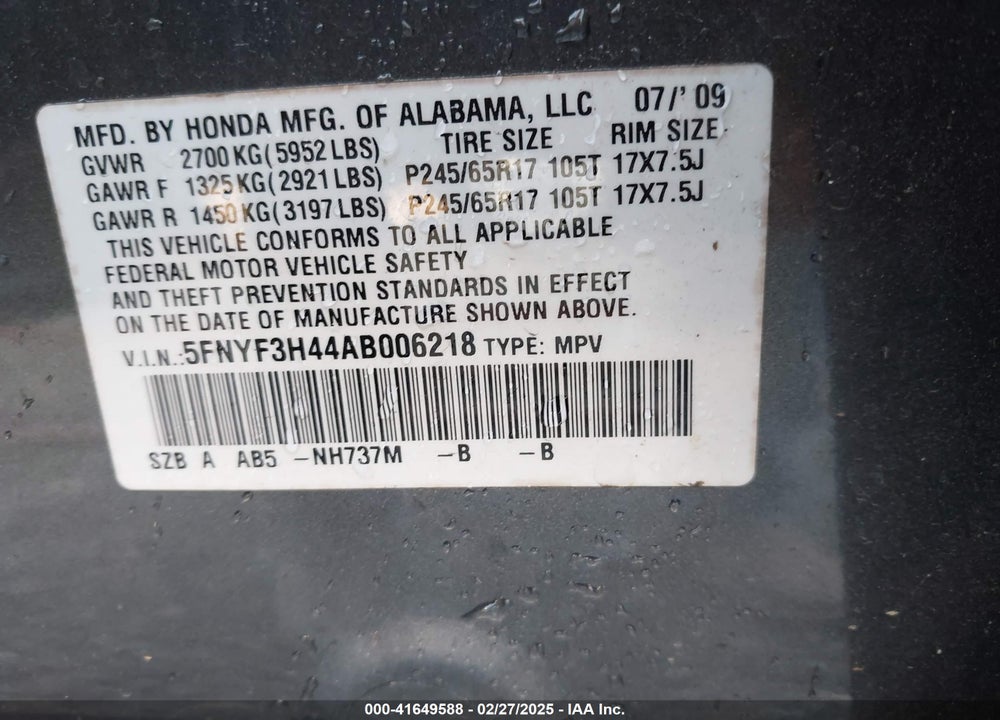 2010 HONDA PILOT VIN: 5FNYF3H44AB006218