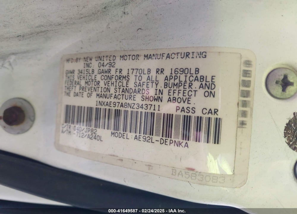 1992 TOYOTA COROLLA LE/DLX VIN: 1NXAE97A8NZ343711