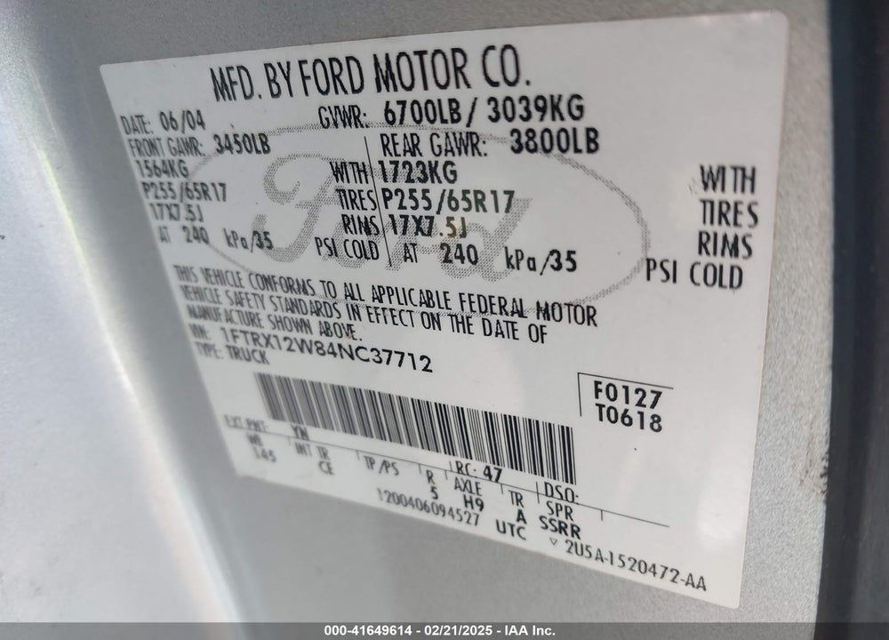 2004 FORD F-150 STX/XL/XLT VIN: 1FTRX12W84NC37712