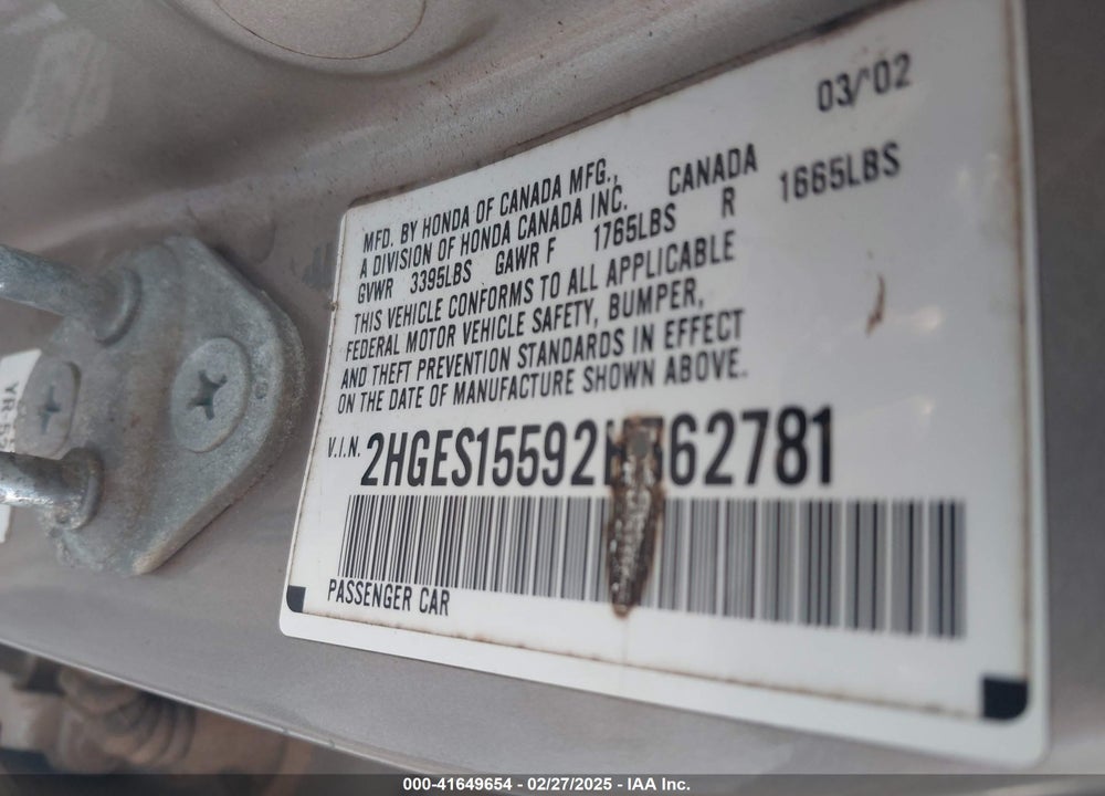 2002 HONDA CIVIC VIN: 2HGES15592H562781