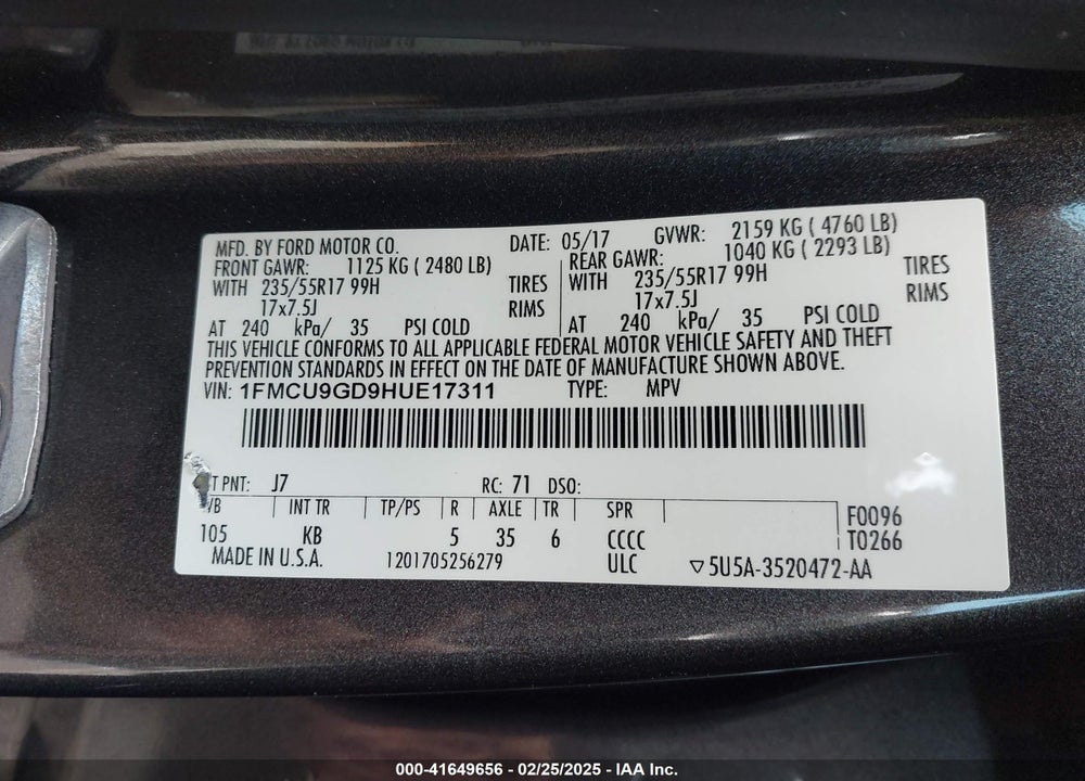 2017 FORD ESCAPE VIN: 1FMCU9GD9HUE17311