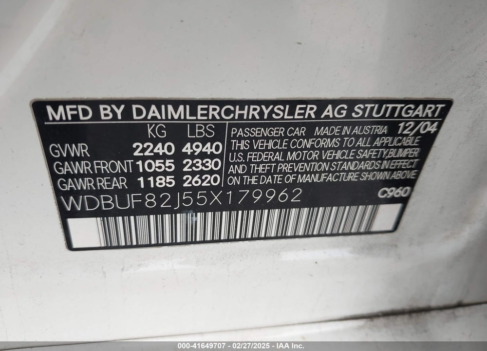 2005 MERCEDES-BENZ E 320 VIN: WDBUF82J55X179962