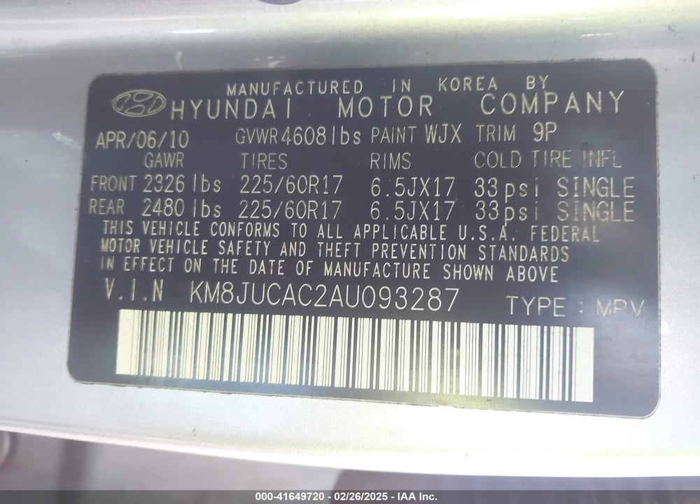 2010 HYUNDAI TUCSON VIN: KM8JUCAC2AU093287