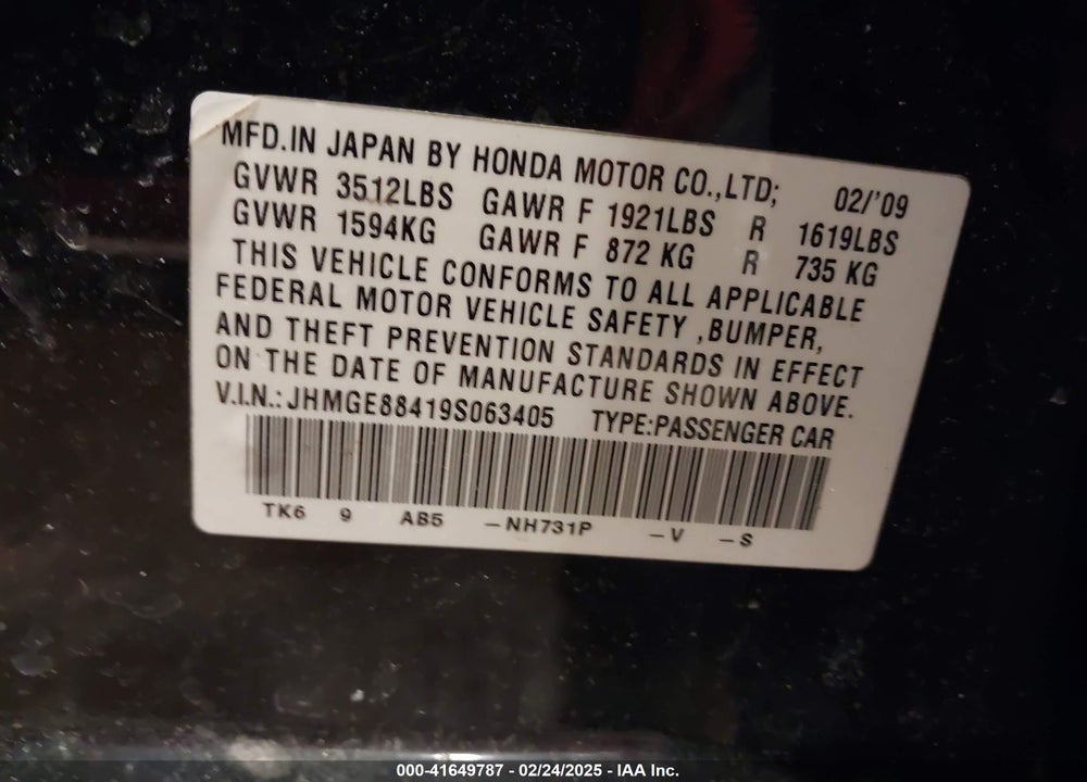 2009 HONDA FIT SPORT VIN: JHMGE88419S063405