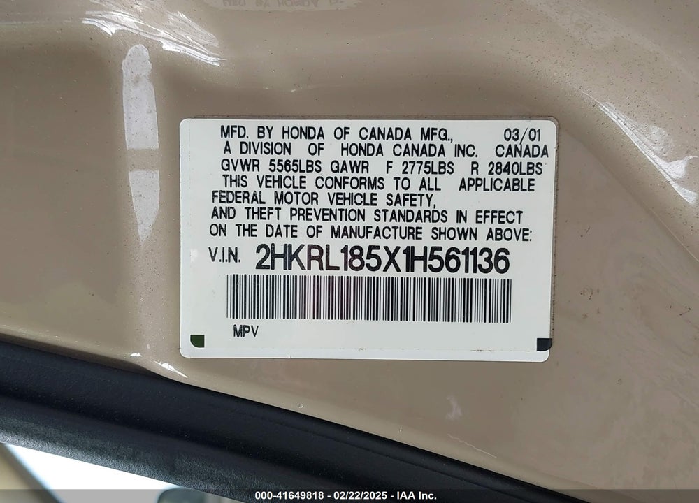 2001 HONDA ODYSSEY VIN: 2HKRL185X1H561136