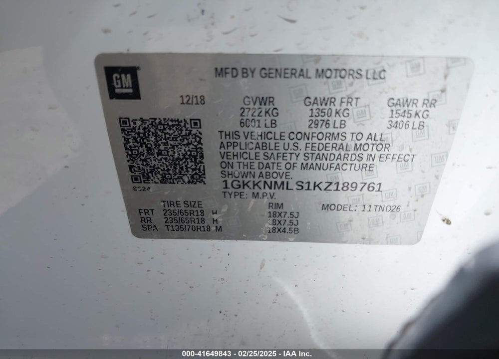 2019 GMC ACADIA VIN: 1GKKNMLS1KZ189761