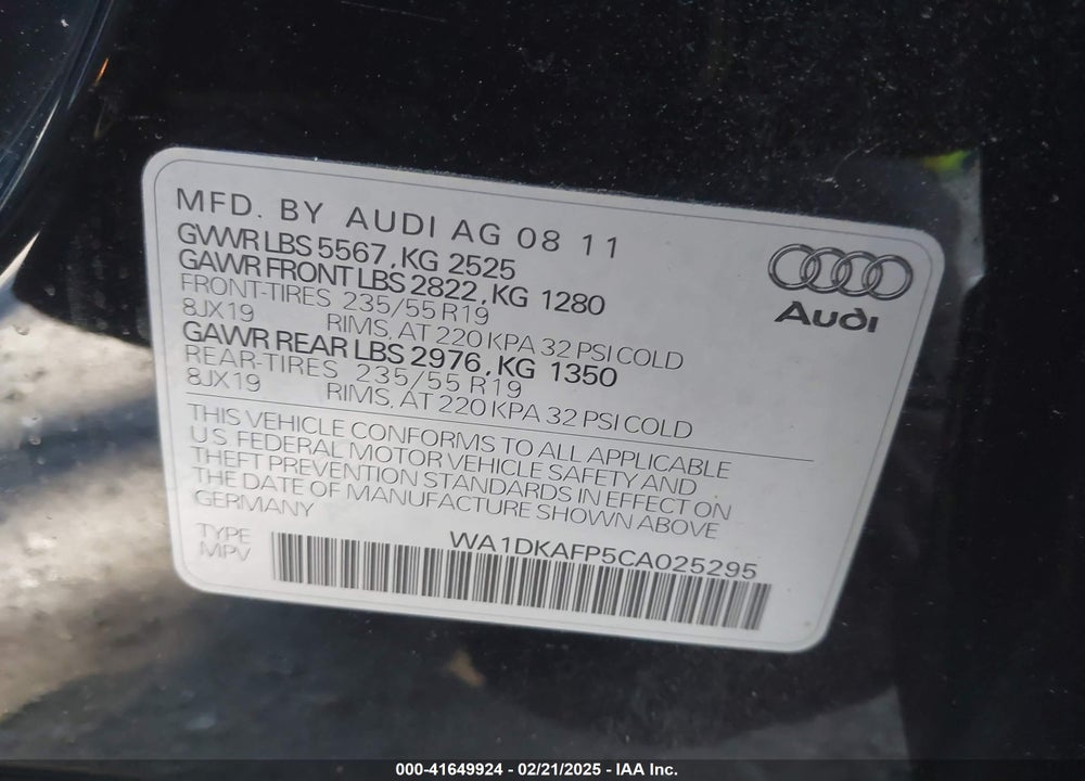 2012 AUDI Q5 3.2 PREMIUM PLUS VIN: WA1DKAFP5CA025295