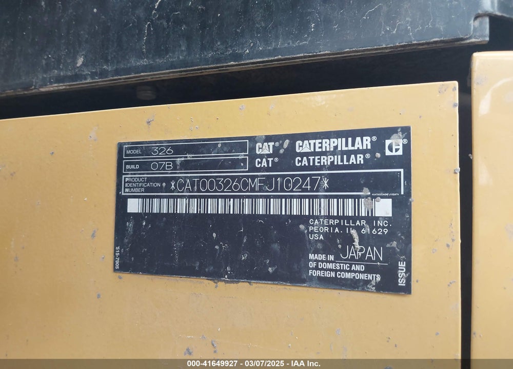 2021 CATERPILLAR 326 7B EXCAVATOR VIN: CAT00326CMFJ10247