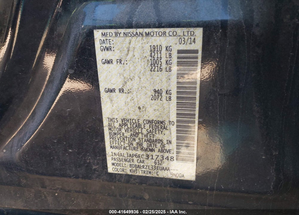2014 NISSAN ALTIMA VIN: 1N4AL3AP6EC317348