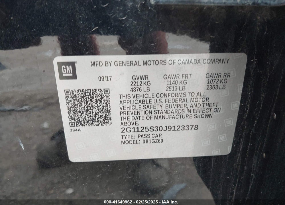 2018 CHEVROLET IMPALA VIN: 2G1125S30J9123378