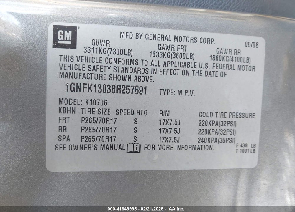 2008 CHEVROLET TAHOE COMMERCIAL FLEET VIN: 1GNFK13038R257691