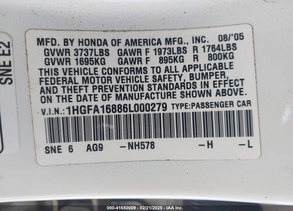 2006 HONDA CIVIC VIN: 1HGFA16886L000279