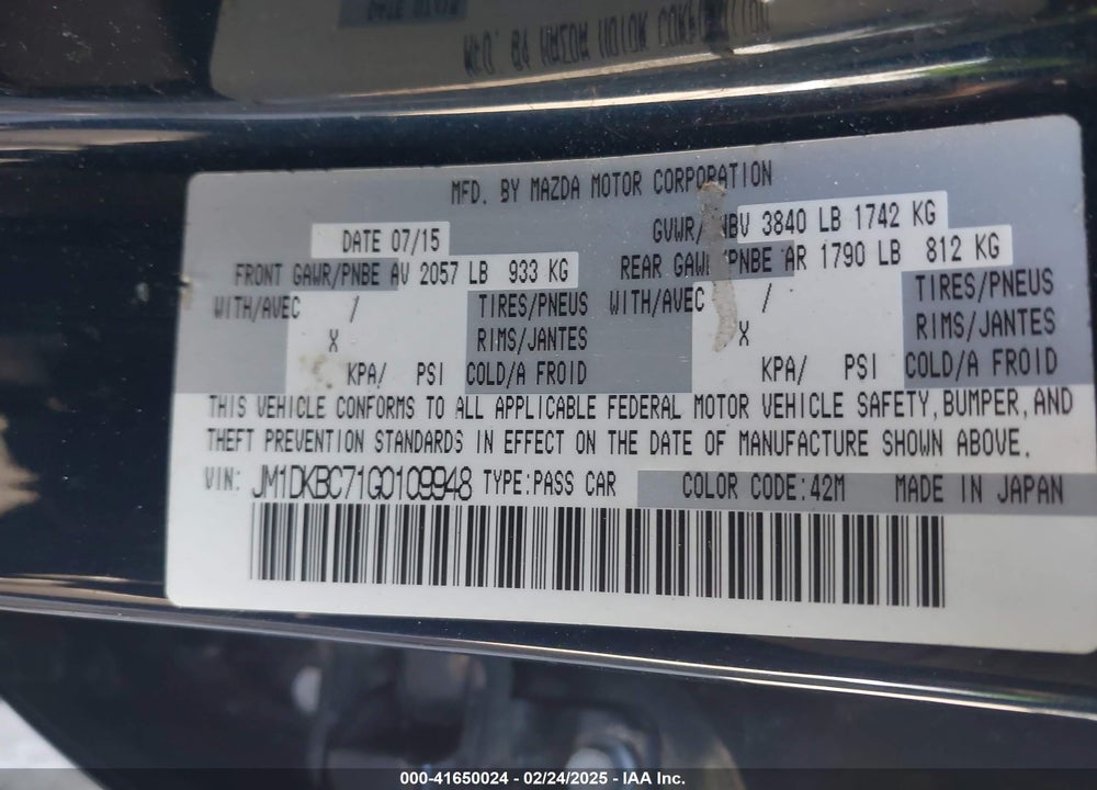 2016 MAZDA CX-3 VIN: JM1DKBC71G0109948