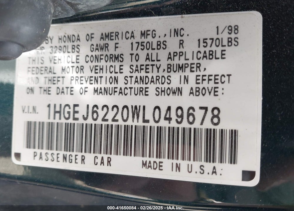 1998 HONDA CIVIC DX VIN: 1HGEJ6220WL049678