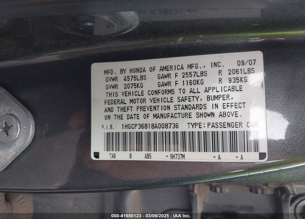 2008 HONDA ACCORD VIN: 1HGCP36818A008736
