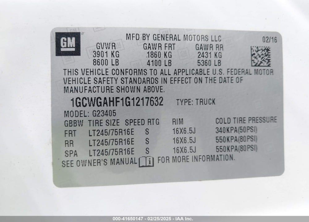 2016 CHEVROLET EXPRESS G2500 VIN: 1GCWGAHF1G1217632