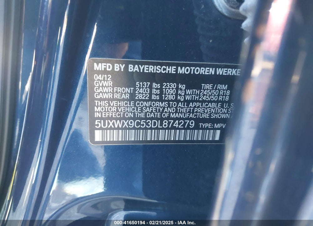 2013 BMW X3 XDRIVE28I VIN: 5UXWX9C53DL874279