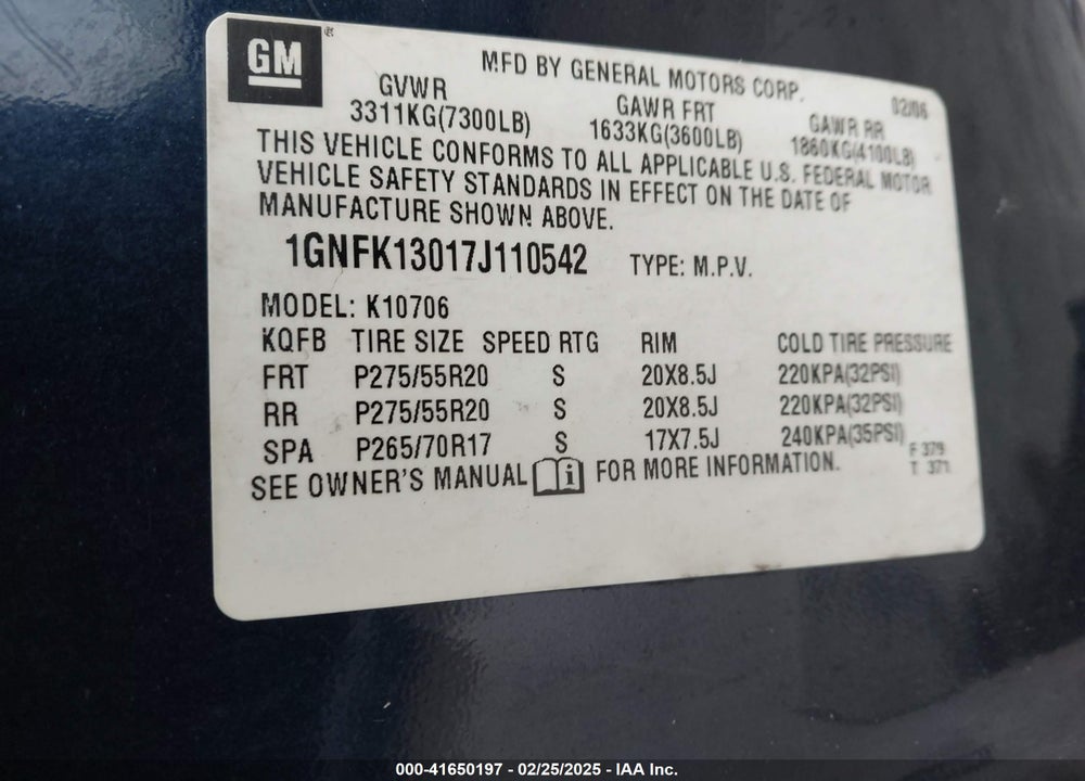 2007 CHEVROLET TAHOE VIN: 1GNFK13017J110542