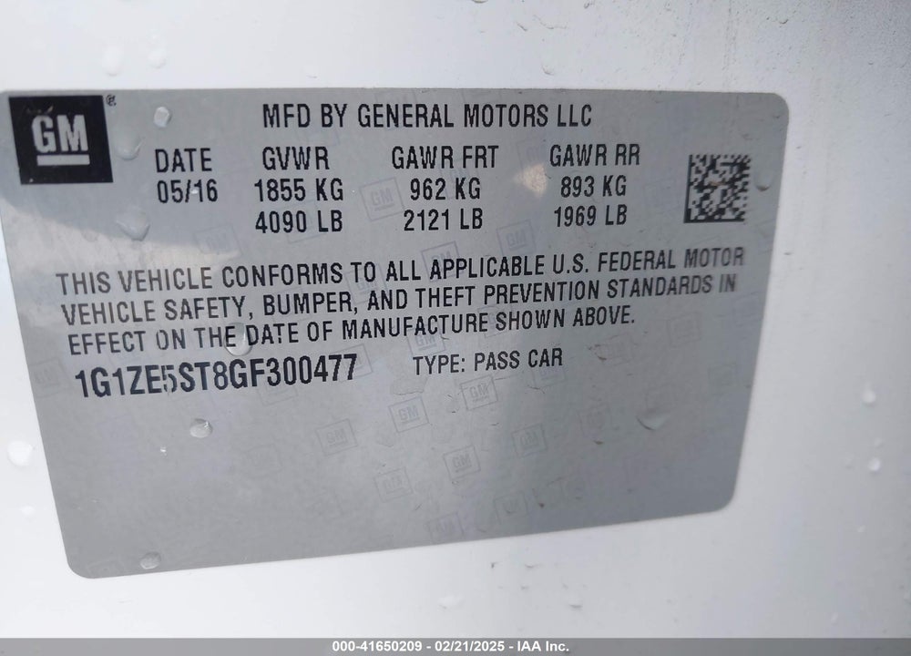 2016 CHEVROLET MALIBU 1LT VIN: 1G1ZE5ST8GF300477