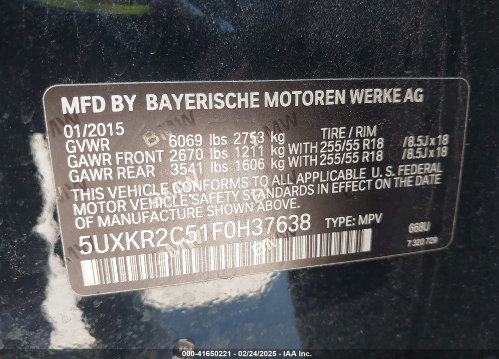 2015 BMW X5 VIN: 5UXKR2C51F0H37638