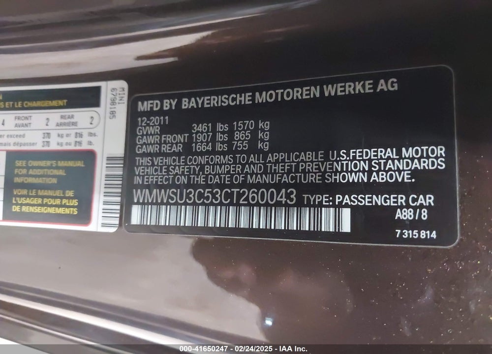 2012 MINI COOPER VIN: WMWSU3C53CT260043