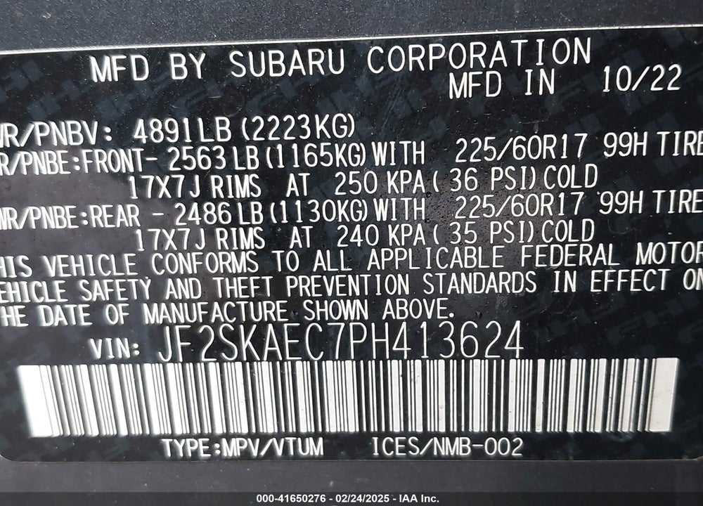 2023 SUBARU FORESTER VIN: JF2SKAEC7PH413624