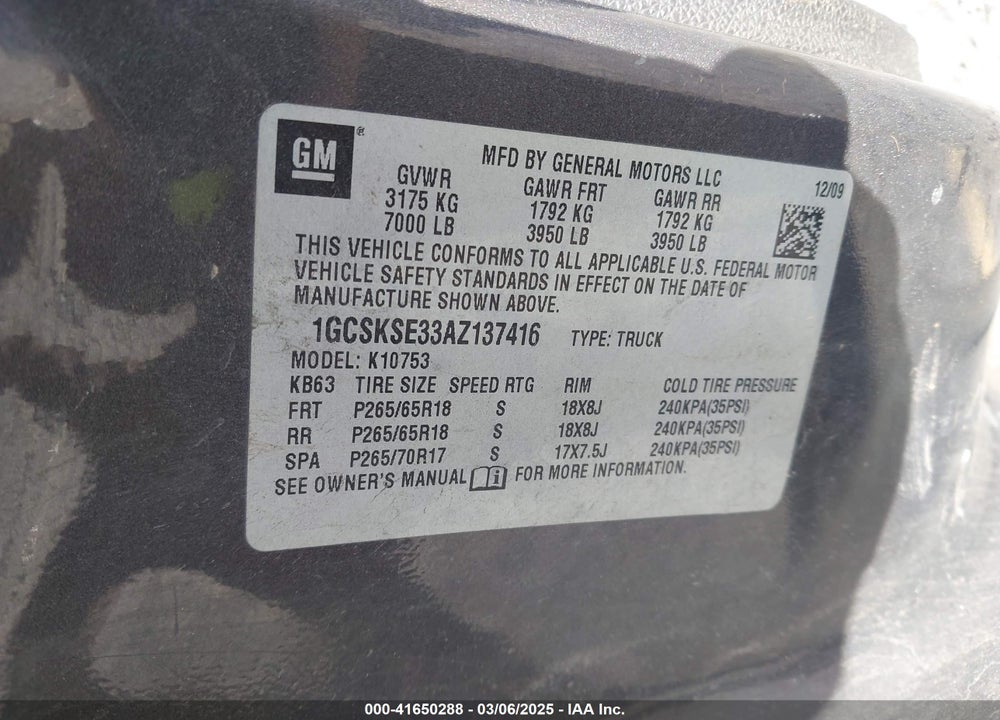 2010 CHEVROLET SILVERADO 1500 VIN: 1GCSKSE33AZ137416