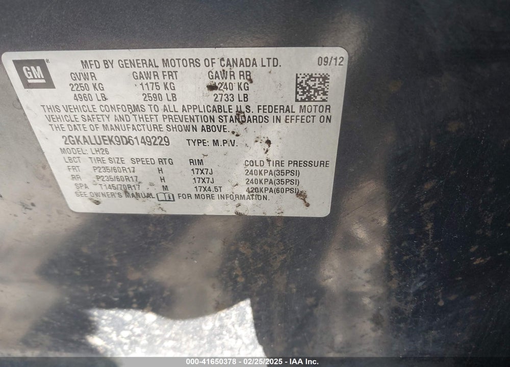 2013 GMC TERRAIN VIN: 2GKALUEK9D6149229