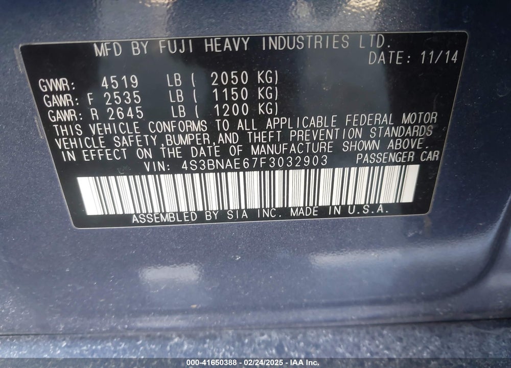2015 SUBARU LEGACY VIN: 4S3BNAE67F3032903