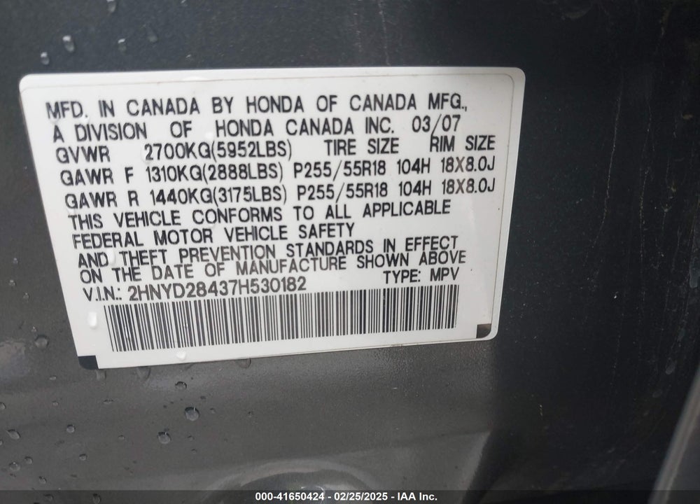 2007 ACURA MDX VIN: 2HNYD28437H530182