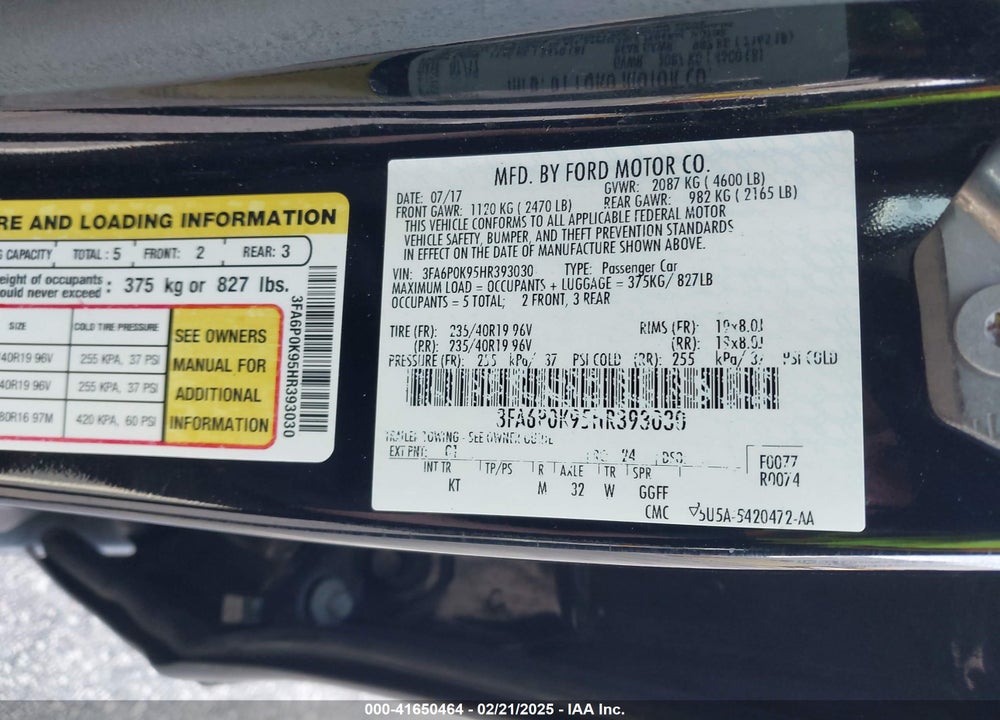 2017 FORD FUSION VIN: 3FA6P0K95HR393030