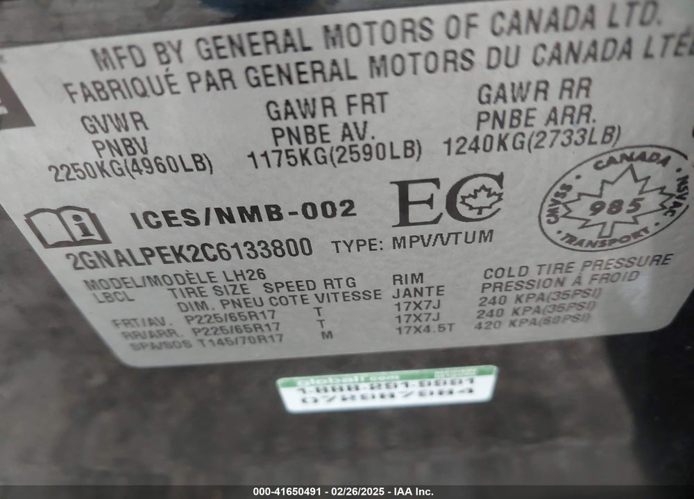 2012 CHEVROLET EQUINOX VIN: 2GNALPEK2C6133800