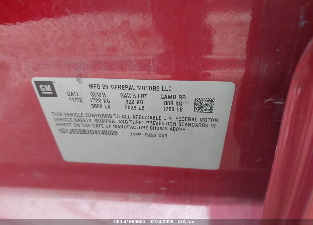 2013 CHEVROLET SONIC VIN: 1G1JE5SB2D4148028