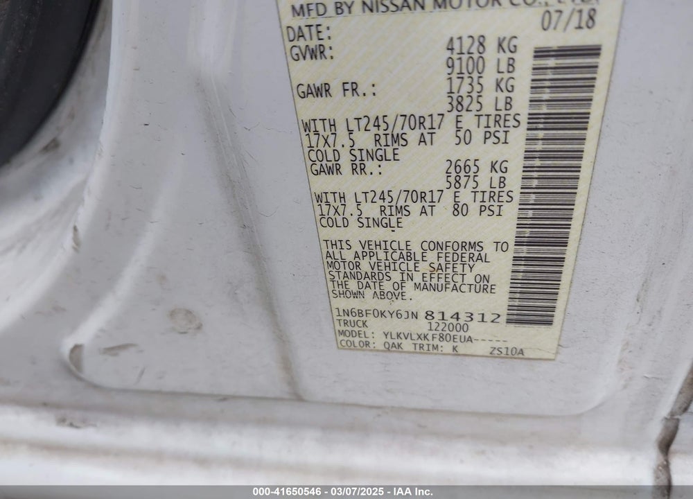 2018 NISSAN NV CARGO NV2500 HD SV V6 VIN: 1N6BF0KY6JN814312