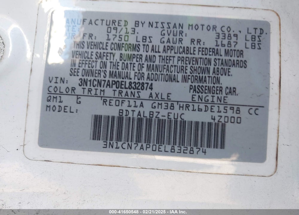 2014 NISSAN VERSA VIN: 3N1CN7AP0EL832874