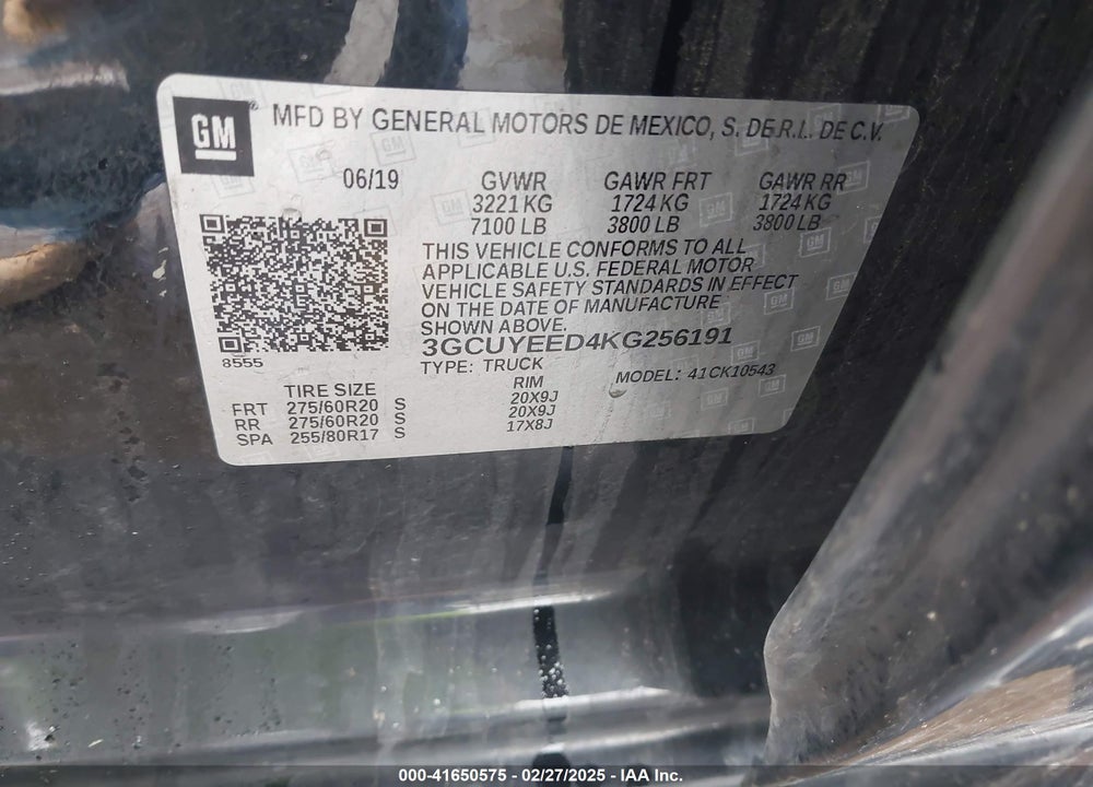 2019 CHEVROLET SILVERADO 1500 VIN: 3GCUYEED4KG256191