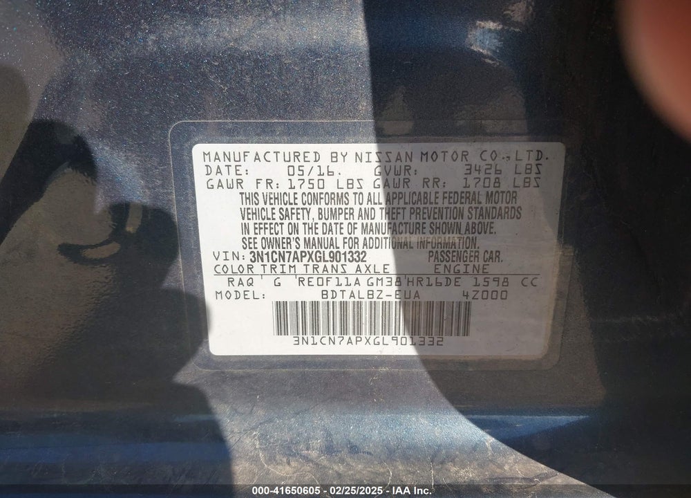 2016 NISSAN VERSA VIN: 3N1CN7APXGL901332