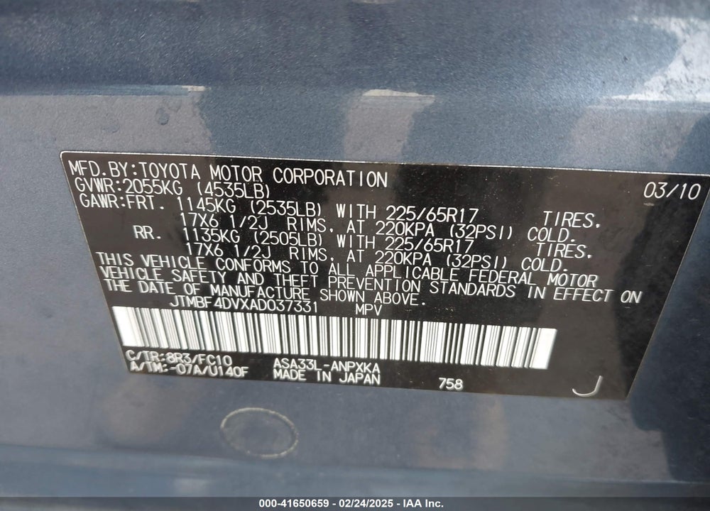 2010 TOYOTA RAV4 VIN: JTMBF4DVXAD037331