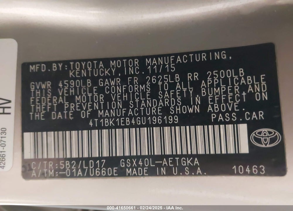 2016 TOYOTA AVALON XLE VIN: 4T1BK1EB4GU196199