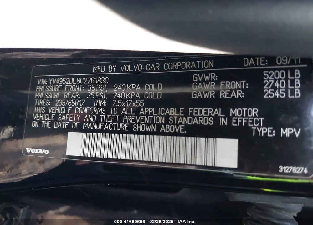 2012 VOLVO XC60 VIN: YV4952DL8C2261830