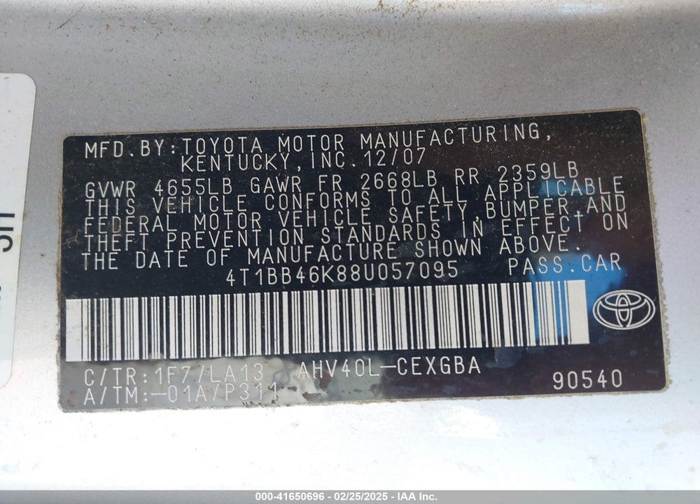 2008 TOYOTA CAMRY HYBRID VIN: 4T1BB46K88U057095